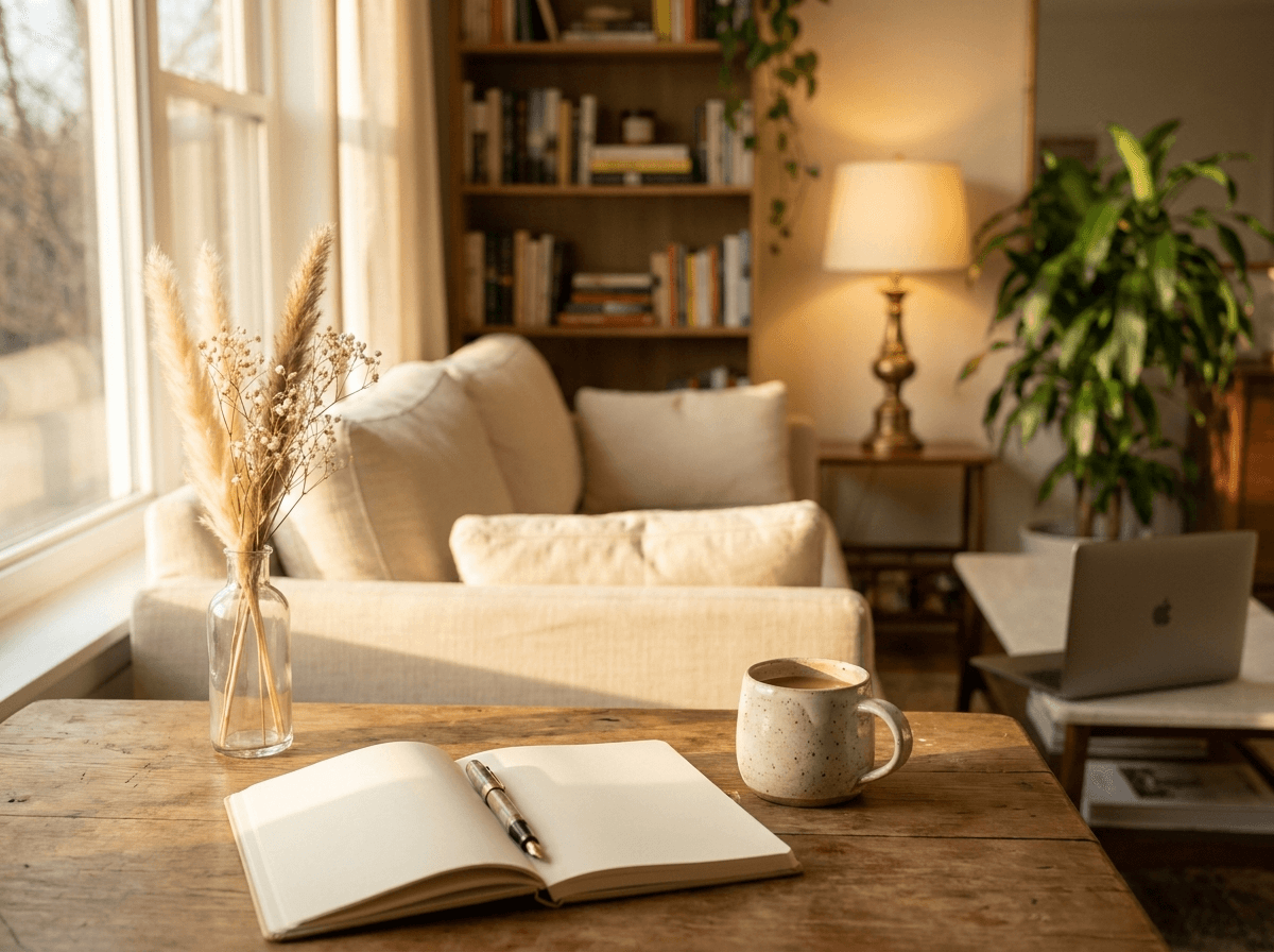 A sunlit living room with an open notebook, pen and coffee on a wooden table, a quiet moment for reflection.